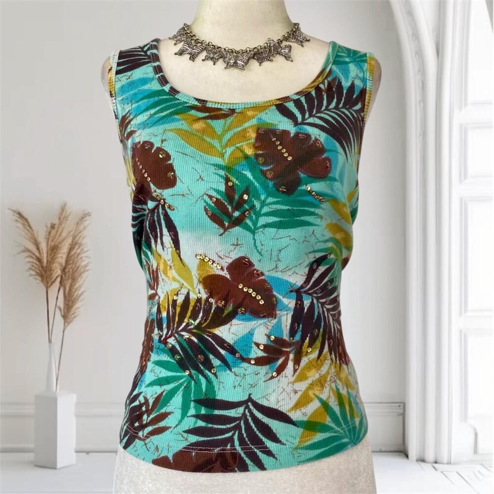 White Stag Turquoise Floral Tank Top with Brown and Mustard Accents